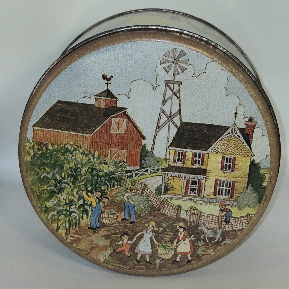 Vintage Round Metal Tin Can Country Farm Scene Storage Container Barn Windmill
